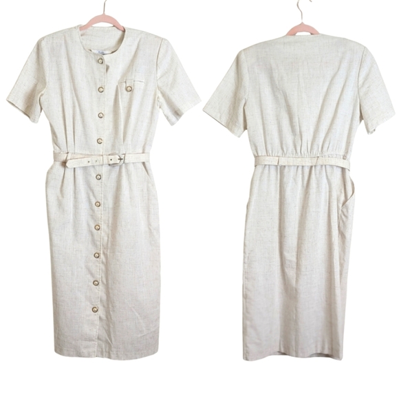 Vintage 90's Pearl Button Down Shirt Dress Pockets Belt Women's Size 10* - Picture 1 of 9